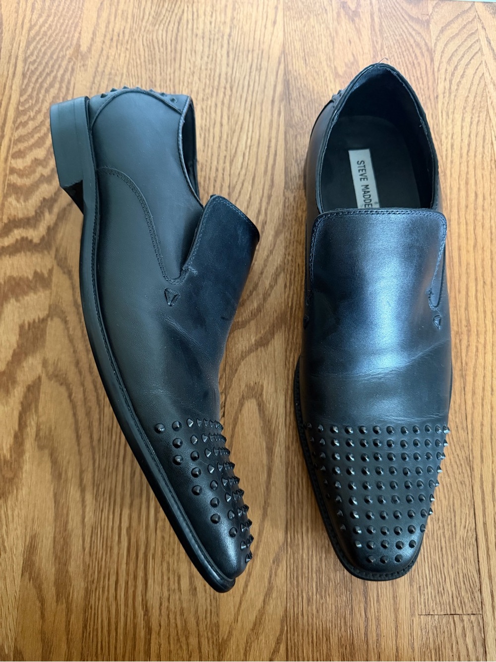 Steve Madden Black Leather Slip-On Loafers with Studded Toe